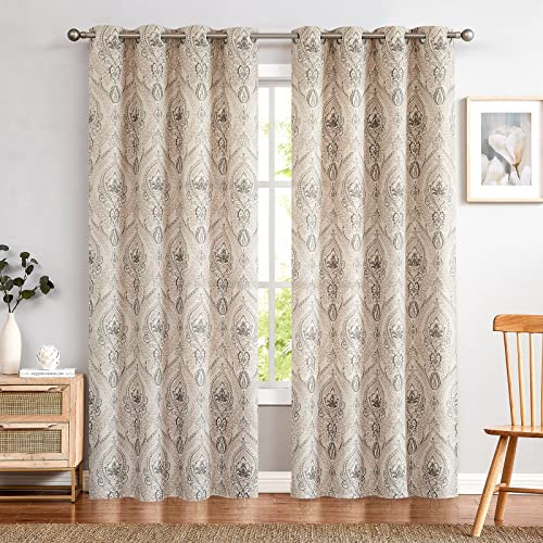 TOPICK Taupe Blickdicht Vorhänge Wärmeisoliert Verdunkelungsvorhang mit Ösen Blumen Muster Vintage Leinenoptik Gardine Lichtdicht Thermovorhang für Wohnzimmer Schlafzimmer 2 Stück H245xB130cm