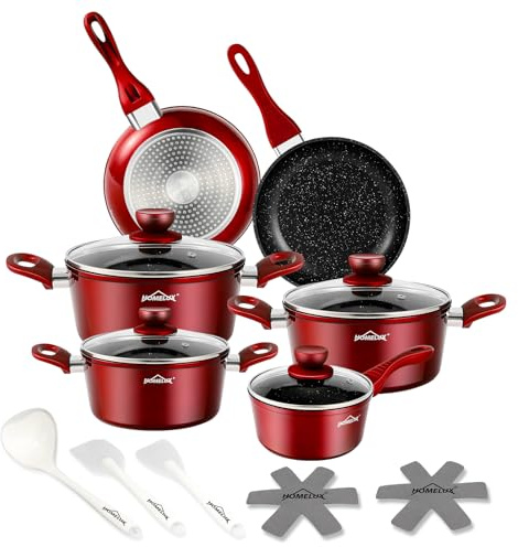 HOMELUX 15tlg Topfset Induktion Aluminiumguss Antihaft Töpfe Set,Rot | Induktion,Antihaftbeschichtung,Mit Deckel, PFOA frei,Für alle Herde