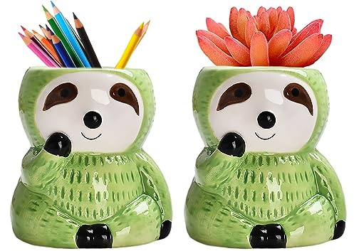 LOZACHE Lustige Blumentopfe Klein 2er-Set, Faultier Geschenk Mini Keramik Blumentopf für Sukkulente Pflanzen Blumen Draußen Balkon Garten Dekoration Innen Außen (Grün)