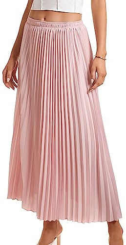 TEERFU Womens Elastic High Waist Flowy Pleated Skirt Chiffon Swing A-line Beach Maxi Skirt Pink