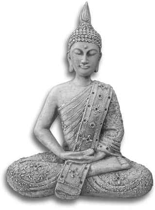 FABRIQ Budda Figur, Thai Buddha Statue Steinguss, drinnen und draußen, grau, wetterfest, massiv L:15 cm W:25 cm H: 30cm Gewicht: 3kg