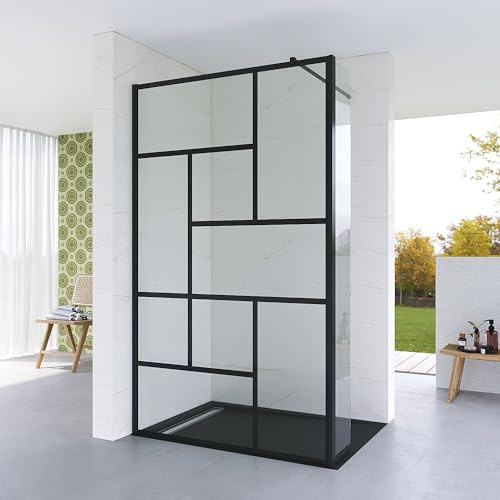 Duschwand Glas Schwarz matt Duschabtrennung 120 x 200 cm Echtglas 8 mm Dekor Kariert Duschtrennwand Duschglaswand Glaswand Walk in Dusche Glastrennwand 30 cm Spritzschutz Seitenteil Nebenteil NANO