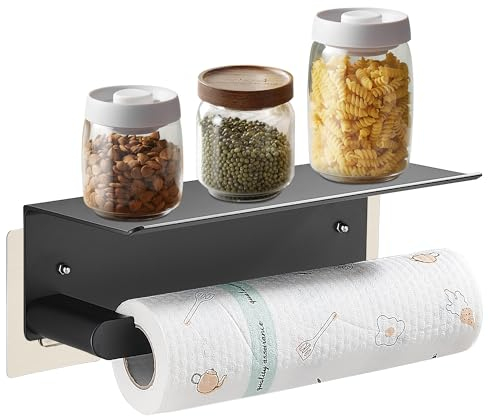 GERUIKE Küchenrollenhalter Schwarz Matt ohne Bohren, Papierrollenhalter mit Ablage, Küchenpapier Halter für Küchenrolle, Küchenzubehör Wandmontage für Badzimmer und Küche Aufbewahrung & Organisation