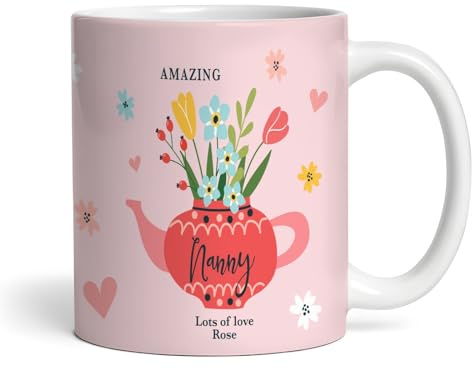 Fingerprint Designs Nanny Mother's Day Gift Red Floral Teapot Personalised Mug | Personalised Mug | Mother's Day Gift | Mother's Day Gift for Mum, Nan, Gran, Stepmum, Grandma| Coffee Tea Mug