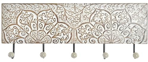 LEKE GO Perchero Pared con 5 Colgador Madera Mango Floral Tallada a Mano 45x18 cm (Mango Floral)