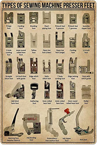 Nähmaschinen-Wissen, Metall-Blechschilder, Retro-Arten von Nähmaschinen-Nähfüßen, Poster, Nähzimmer, pädagogisches Schild, Nähliebhaber-Höhle, Bauernhaus, Heim-Wanddekoration, 20,3 x 30,5 cm