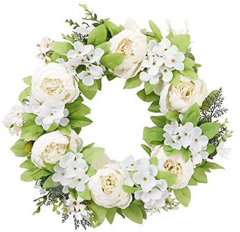 TITA-DONG Artificial Flowers Wreath for Front Door, 15.7in Front Door Wreath, Faux Peony Flower Wreath, Bright Colors Wall Floral Wreath for Indoor Outdoor Wedding Wall Decoration(White)
