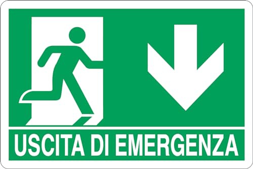 GLOBAL CARTELLO SEGNALETICO - USCITA DI EMERGENZA VERSO IL BASSO - Adesivo Extra Resistente, Pannello in Forex, Pannello In Alluminio (20x31 cm, Plastica)