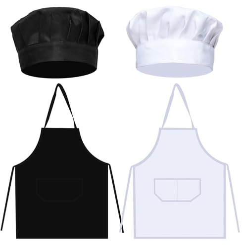 FUIPVGI 4 Pezzi Grembiule da Cucina e Cappello da Cuoco, Regolabile Grembiule, Cappello, con Tasca, per Panettiere, Cucina, Casa, Ristorante e Hotel, Pittura Cottura, Artigianato