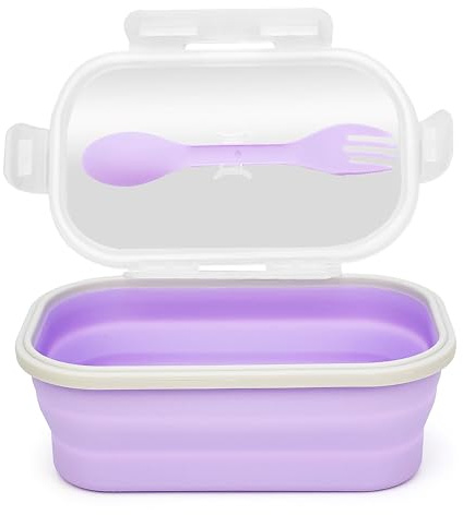 Leakproof Collapsible Silicone Lunch Box with Lid and Spork, Foldable Bento Box for Meal Prep, Travel, Camping, Microwave and Dishwasher Safe, 20.5 x 13 x 7 cm, Compact for Easy Storage - Purple