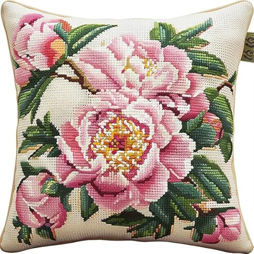 kitphoenix Cuscino da Ricamare Punto Croce Fiore Kit Punto Croce da Ricamare 45x45cm Cuscino Ricamato a Mano con Punto Croce Set Fai da te per Adulti Principianti per Arredamento Casa