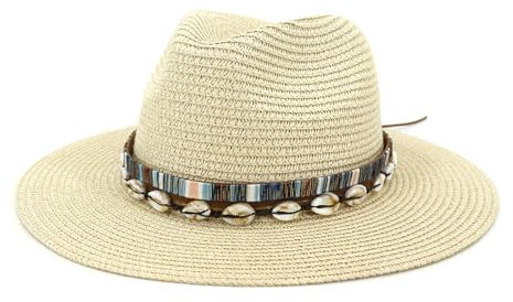 FASHIIROW Stroh Sommerhut Damen- Und Herren -Strohhalm Hut Panama Fedora Sommerhut Mit Gürtel Breiter Krempe Strand Sonnenhut-Beige-M