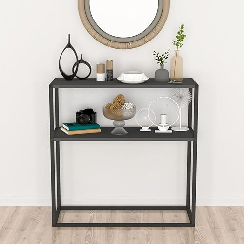 URBNLIVING Table console fine de 90 cm avec 2 étagères ouvertes - Table d'entrée autoportante moderne avec cadre en métal - Table de canapé pour petits espaces - Pour couloir, entrée, salon,