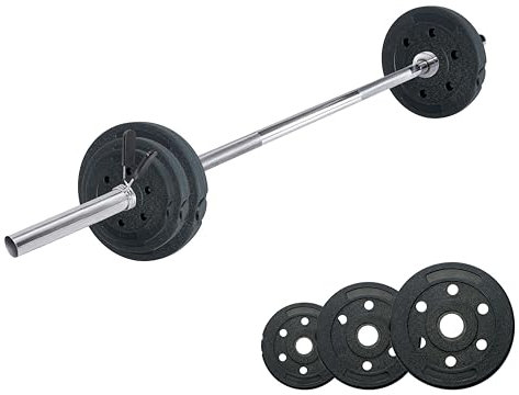 wuuhoo® Langhantelstange & Hantelscheiben im Set Marcel, 26kg-60kg, Hantelstange 30mm, Stahl verchromte Hantel, Zement Hantelscheiben 30mm, 120cm-200cm Set 15-60kg