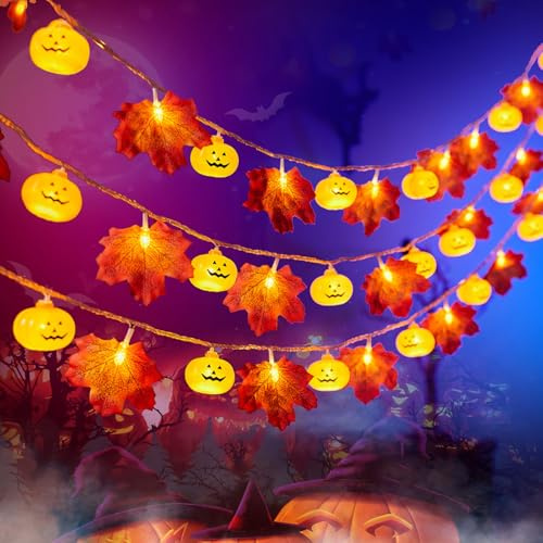 Horuili® Halloween-Kürbislampe, Herbst Ahornblätter Lichterkette, 3M 20 LED Deko Lichterketten, Halloween Dekoration Lichterkette, für Herbstdeko, Thanksgiving, Halloween Deko
