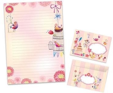 Briefpapier-Set Briefblock mit Umschlag für Jungen Mädchen Kinder Vogel Blumen (Block A4 mit 25 Blätter + 15 Umschläge)
