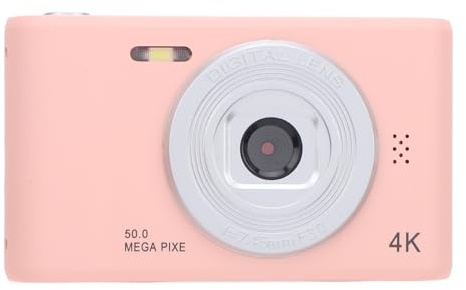 50MP Digital Camera, Compact Camera for Kids, Students, Vlog with Dual Lens, Anti Shaking, 2.4 Inch Screen, Portable for Travel, Graduations, Weddings (Roseate)