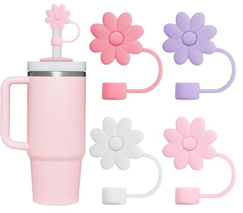YISCOKO Silicone Straw Covers, 4 Pack, 10mm, Four Colors, Flower Designs, Reusable, Safe, Ideal for Stanley Cups and Modern Straws