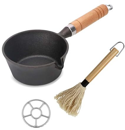 HAFRILY Mini Cast Iron Sauce Pot and BBQ Mop Brush Set with Grate 3 Pcs BBQ Accessories for BBQ Grillinng Somking Steak Stoving Basting Cast Iron Saucepan Set