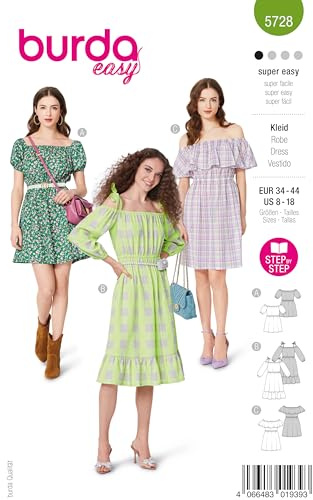 burda easy Schnittmuster Damen #5728 Kleider Minikleid mit Gummizug, Midikleid mit Bindeträgern und ärmelloses Kleid mit Rüsche Gr. 34-44