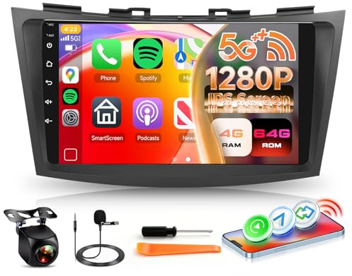 4G+64G for Suzuki Swift 4 2011-2015 Car Radio Stereo with DSP/32EQ Wireless Carplay Android Auto, Hodozzy 9 inch 1280P Touchscreen Car Radio Bluetooth 5.0 GPS WiFi FM/RDS SWC Reverse Camera