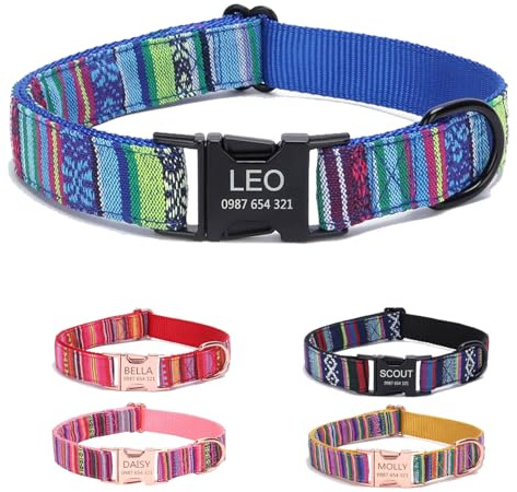 Personalisiertes Hundehalsband mit gravierter Metallschnalle – Haustierhalsbänder personalisiert mit Namen und Telefonnummer mit graviertem Schieber – verstellbare Größen (Blau L)