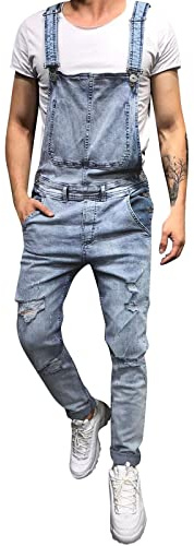 Salopette da uomo con cinturino in jeans da uomo UK Slim Fit elasticizzata strappata tuta in denim con tasche eleganti pantaloni casual in denim con spalline versatili tinta unita tuta comoda per