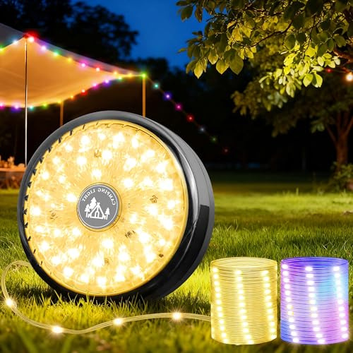 Camping String Lights, 32.8ft RGB Retractable String Lights, 4000mAh Rechargeable LED Hanging Tent lamp, Portable Twinkle Camp Lamp for Outdoor Backyard Patio Awning Canopy RV Essentials, Black
