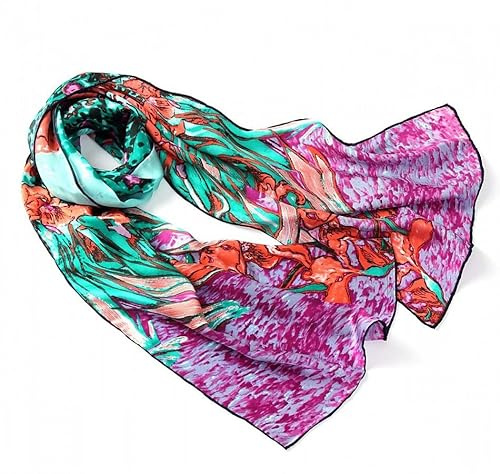 Prettystern dam 160 cm sidenhalsduk av 100 % siden med van Gogh konstmotiv silkesscarf, P063 svärdliljor Azur, 160 cm X 43 cm