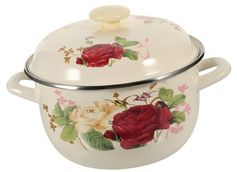 Toyvian Vintage Enamel Saucepan with Double Handles and Lid, 20cm Thickened Small Cooking Pot for Soup and Stew, Sturdy Enamelware Suitable for Everyday Kitchen Use