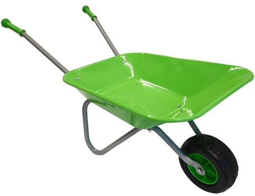 Kids Green Wheelbarrow, Gardening Toys, Metal Frame, Plastic Tray & Rubber Handles For Educational Outdoor | Included Accessories Gloves, Hand Trowel, Shovel & Rake (Green)