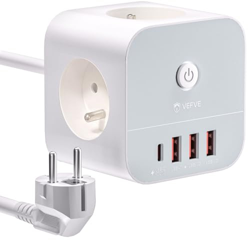 VEFVE Multiprise Cube avec Rallonge 2m, Multiprise Electrique 7-en-1 avec USB C (Charge Rapide PD 20W), Cube Prise Multiple avec Interrupteur (3680W/16A), 3 Prises et 4 USB, Blanc