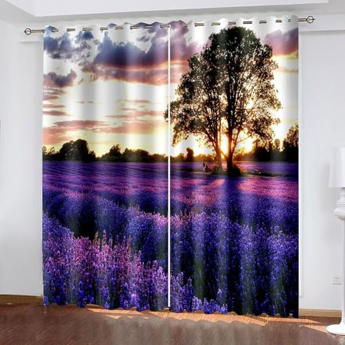 Wycian Fertiggardinen Gardinen mit Ösen Lila Braun Gelb 2 Er Polyester Sonnenuntergang Lavendelfeld H183 X B132Cm für Schlafzimmer
