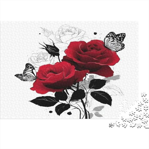 Puzzle 1000 Teile Rote Rosen, Botanische Illustrationsstil, Rote Rosen & Schmetterling, spannendes Familienspiel ab 12 Jahren, 70x50cm