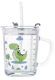 400ml Vaso para beber, Vaso para el desayuno, Vaso para leche, Taza Incluye pajita y cepillo para pajitas, con tapa para múltiples opciones de consumo (Dinosaurio verde A)