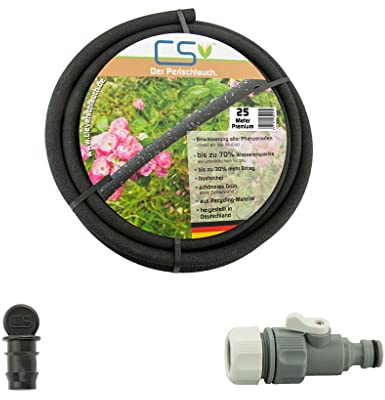 25m CS Perlschlauch Premium mit Durchflussreduziertem Reguliernventil und Endstopfen für die Gartenbewässerung mit bis zu 70% Wasserersparnis