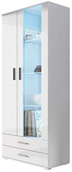 Mirjan24 Standvitrine 2D2S Soho S6, Vitrine, Glasvitrine, Farbauswahl, Vitrinenschrank, Hochschrank, Stauraumvitrine, Wohnzimmer Highboard Schrank (Weiß/Weiß Hochglanz, ohne Beleuchtung)