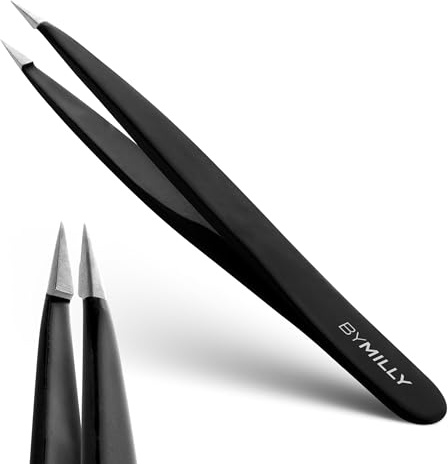 By MILLY Pointed Tweezers | High Carbon Stainless Steel Needle Nose | Fine Point Precision Hair Removal | Perfectly Aligned & Hand-Filed Sharp | Black
