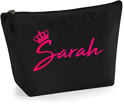 Personalisiert Name Initialen & Königin Krone Kosmetiktasche Damen Schminktasche für Handtasche Makeup Tasche mit Texturdruck - Neonrosa Flocke - L - Schwarz