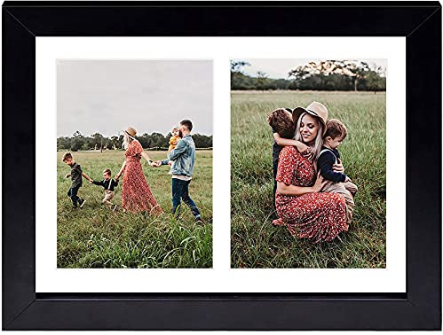 Golden State Art, 8.5x11 Black Wooden Picture Frame - White Mat for 2-5x7 Photos or 8.5x11 Certificate Without Mat - Real Glass - Easel Stand for Landscape/Portrait Table Display