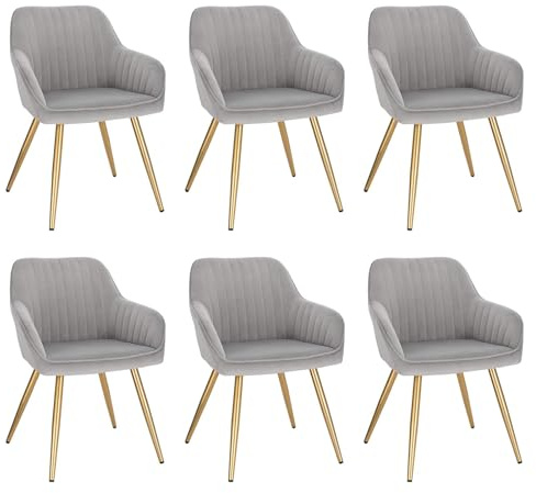 Lestarain Esszimmerstühle 6er Set, für Esszimmer Wohnzimmer Küche, Küchenstühle gepolstert mit Armlehne Metallbeinen, Sitzfläche aus Samt, Hellgrau