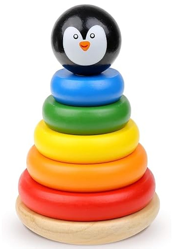 Boxiki kids buntes Pinguin Regenbogen Holz Stapelspielzeug; der ganze Spaß regelmäßige Stapelspielzeuge mit mehr Farben und Charakter