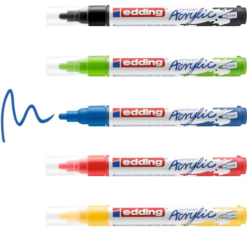 edding 5100 Acrylmarker - schwarz, rot, blau, gelb, gelb-grün - 5 Acrylfarben Set (basic) - Rundspitze 2-3 mm - Acryl Farben zum Malen auf Leinwand, Holz, Steine - Acrylstifte für Steine wasserfest