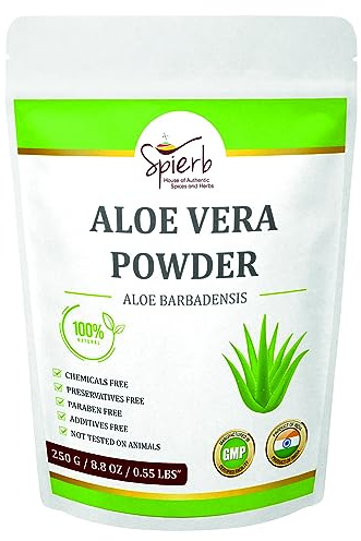 Spierb Aloe Vera Pulver 250g – Reines Aloe Vera für Haare & Haut – Kräuterpulver, Haarmaske, Gesichtsmaske, Ohne Parabene, Ohne Zusatzstoffe, Nicht getestet an Tieren – Hergestellt in Indien