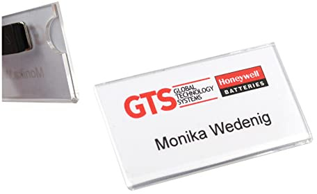 10 Stück Namensschild mit Magnet transparent Acryl-Namensschild, glasklar, 2 mm stark mit Daumenaussparung, mit Magnet für Kleidung, selbstbeschriftbar, Selbstgestaltung (85x55 mm)