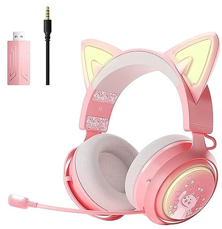 SOMIC Cat Ear Headphones, 2.4G/Bluetooth Wireless Gaming Headset for PS5, PS4, PC with RGB Lights and Retractable Mic, 10Hrs Playtime, 7.1 Surround Sound for Laptop, Smartphone-GS510 Pro - Pink