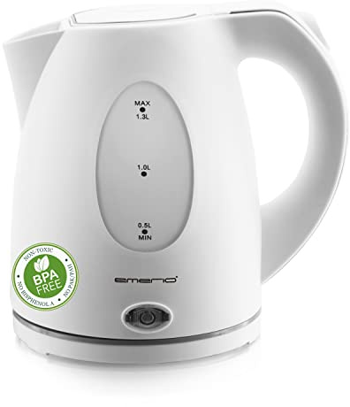 Emerio Wasserkocher 1,3 Liter für Reise/Camping/Büro mit 2200 Watt, BPA frei, Abschaltautomatik mit Trockenschutz, 360° Basis, inkl. Kalkfilter, Weiß, WK-106468.13