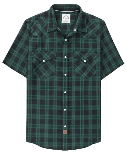 Dubinik® Bambufiber, kortärmad skjorta, herr, fritidsskjorta för män, tryckknappar, cowboy vintage, västerländsk, komfort, rutig skjorta, Mörkgrön svart rutig, XL