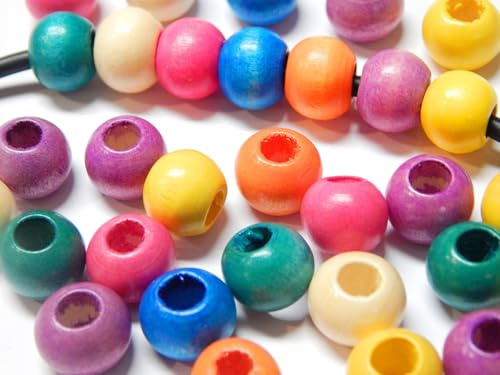 Perlin 200 Stück Holzperlen 8mm Grossloch, Holz Perlen 4mm großes loch zum auffädeln Holzkugeln Rund Bunte Mix Farben Set zum Basteln Spacer