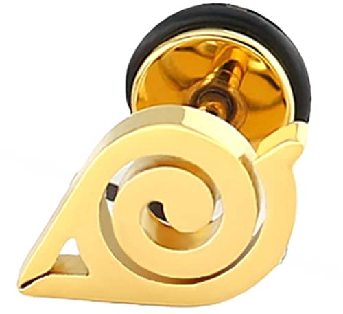 CHICNET Faux piercing d'oreille en acier inoxydable noir, argent et or, fermeture à vis, 10 mm, rond 6 mm, anneau en caoutchouc, Konoha Leaf Village, Naruto, anime, Manga, cosplay, homme et femme
